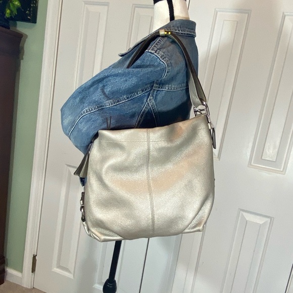 Coach metallic in soft neutral hobo bag. Zip top and side. Adjustable strap. - Picture 1 of 12
